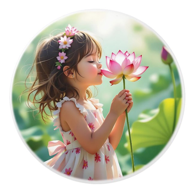 Sweet Little Girl Smelling a Flower Keramikknauf (Vorderseite)