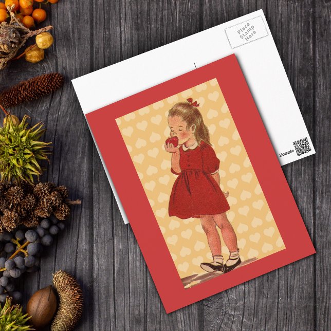 Sweet Little Girl with Apple Postcard Postkarte (Vintage Little girl red dress eating apple on yellow hearts with bright red border on postcard.)