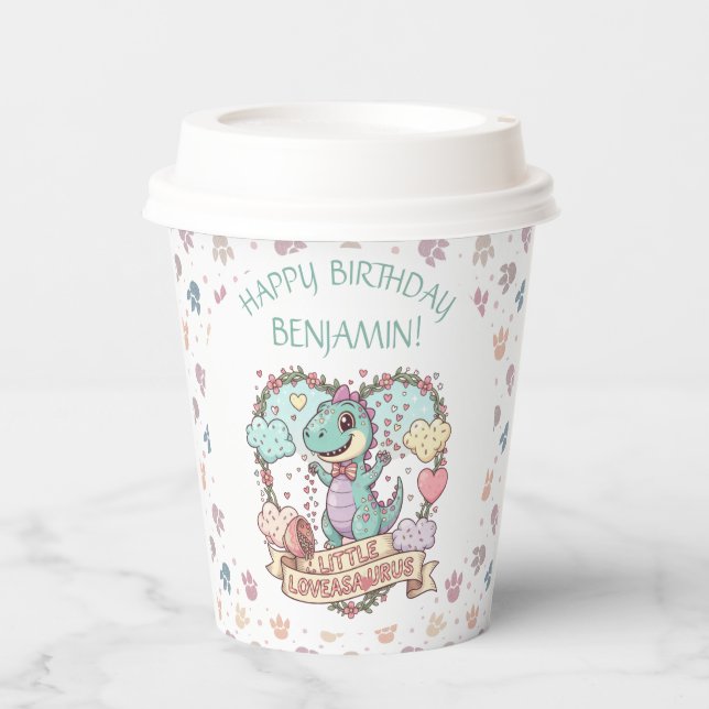 Sweet Little Hearts Dino Birthday Personalized Pappbecher (Vorderseite)