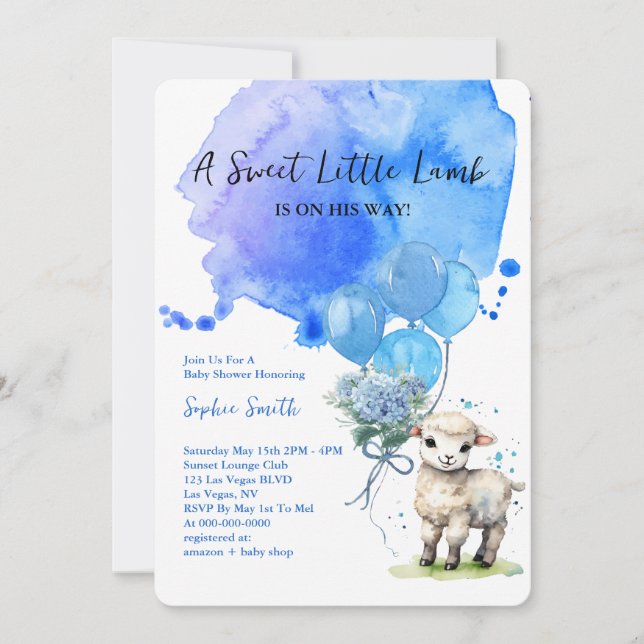 Sweet Little Lamb Baby Dusche Blue Wasserfarbe Einladung (Vorderseite)