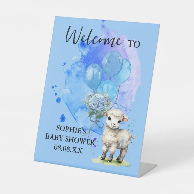 Sweet Little Lamb Blue Hydrangea & Balloon Willkom Sockelschild (Vorderseite)
