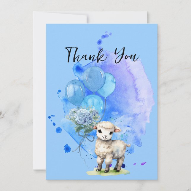 Sweet Little Lamb Blue Hyrangea Balloons Vielen Da Einladung (Vorderseite)