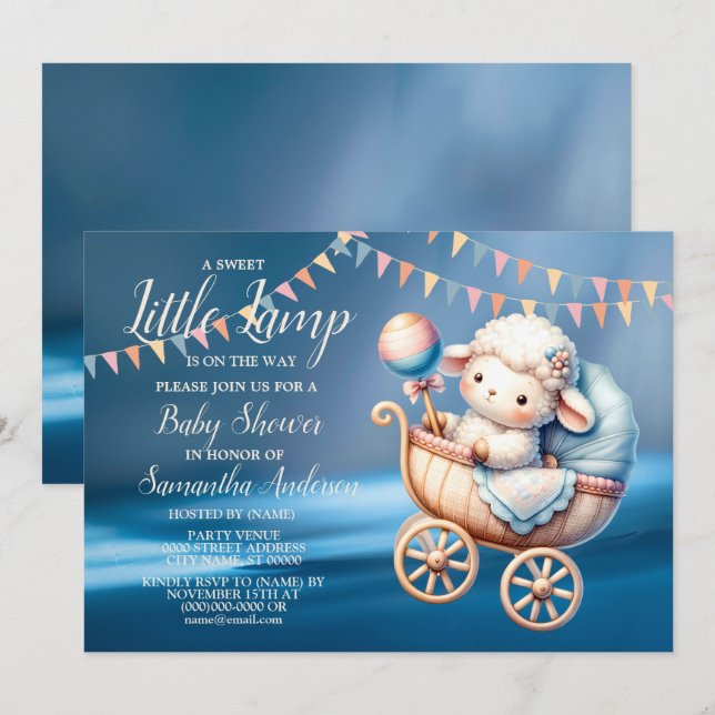 Sweet Little Lamp Baby Dusche Blau Schöne Einladung (Vorne/Hinten)