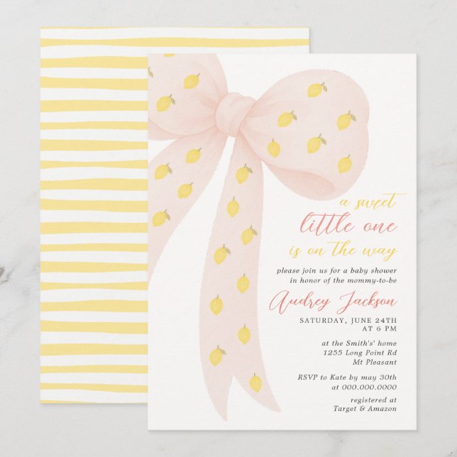 Sweet Little Lemon Pink Coquette Bow Baby Dusche Einladung (Vorne/Hinten)
