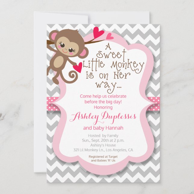 Sweet Little Monkey Girl Babydusche Einladung (Vorderseite)
