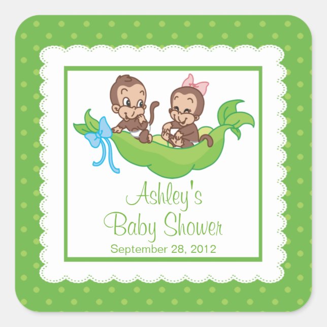 Sweet Little Monkey Twins Baby Showaufkleber Quadratischer Aufkleber (Vorderseite)