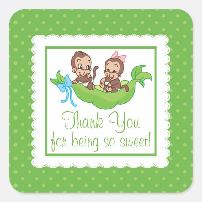 Sweet Little Monkey Twins Vielen Dank Baby Dusche Quadratischer Aufkleber (Vorderseite)