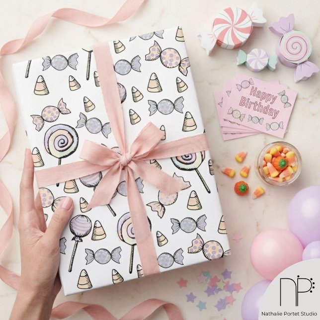 Sweet Little One Candy Theme Geschenkpapier (Hand-drawn ink lollipop candy corn pastel wrapping paper for baby shower birthday gift custom wrap)