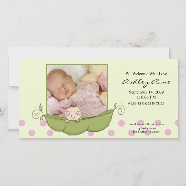 Sweet Little Pea Baby Girl Birth Annoucement Ankündigung (Vorderseite)