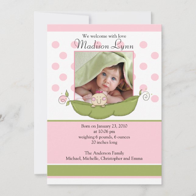 Sweet Little Pea Baby Girl Foto Announccard Ankündigung (Vorderseite)