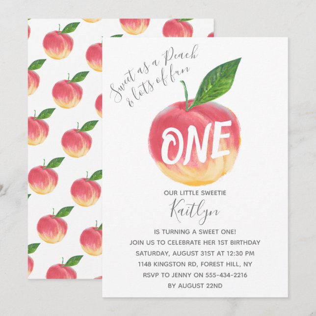 Sweet Little Peach 1. Geburtstag Einladung (Vorne/Hinten)