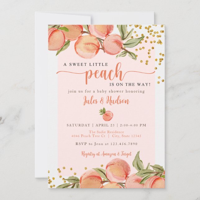 Sweet Little Peach Baby Dusche Einladung (Vorderseite)