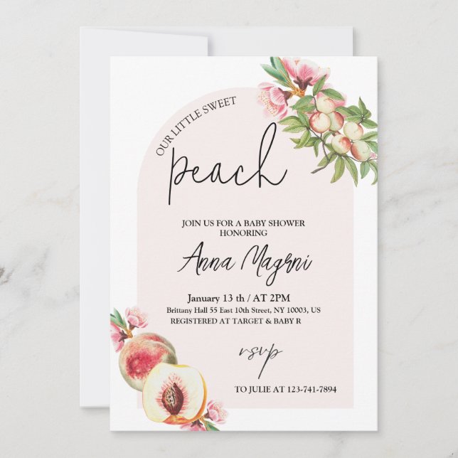 Sweet Little Peach Girls Babydusche Arch Elegante Einladung (Vorderseite)