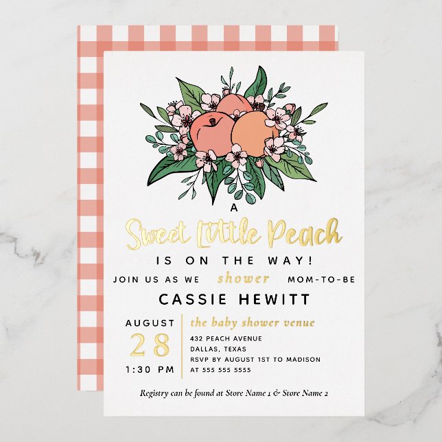 Sweet Little Peach on Way Baby Shower Foil Inv Folieneinladung (Vorderseite/Rückseite)