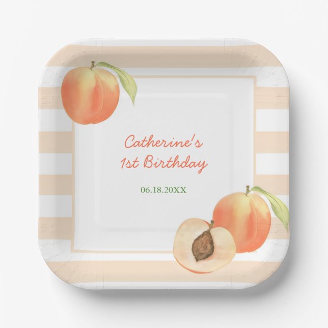 Sweet Little Peach Stripes Girl Birthday Pappteller (Vorderseite)