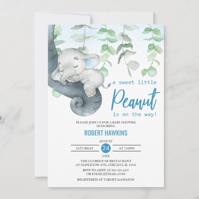 Sweet Little Peanut Boy Elephant Baby Dusche Einladung (Vorderseite)