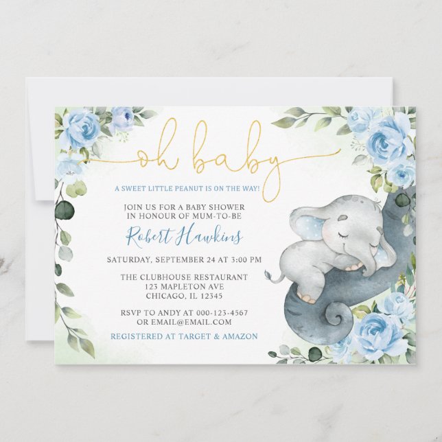Sweet Little Peanut Boy Elephant Baby Dusche Einladung (Vorderseite)
