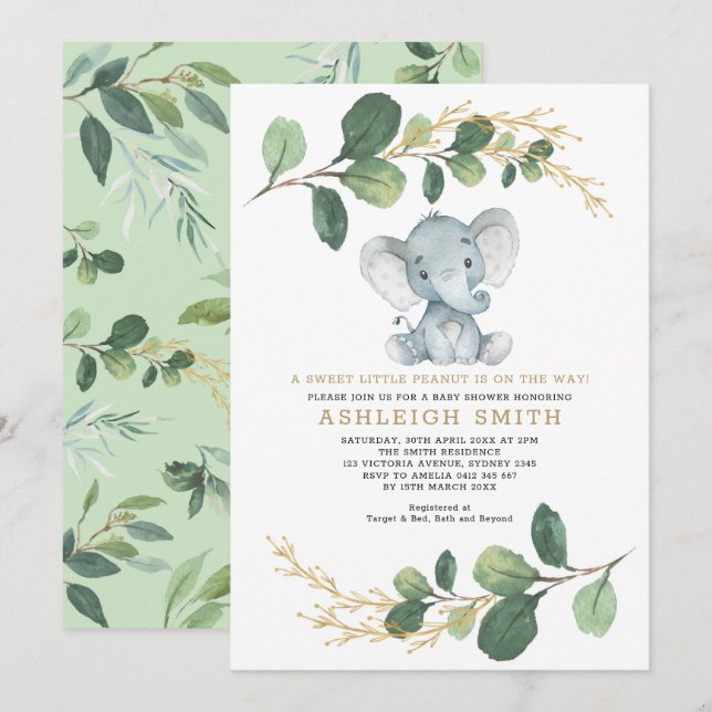 Sweet Little Peanut Greenery Elephant Baby Dusche Einladung (Vorne/Hinten)