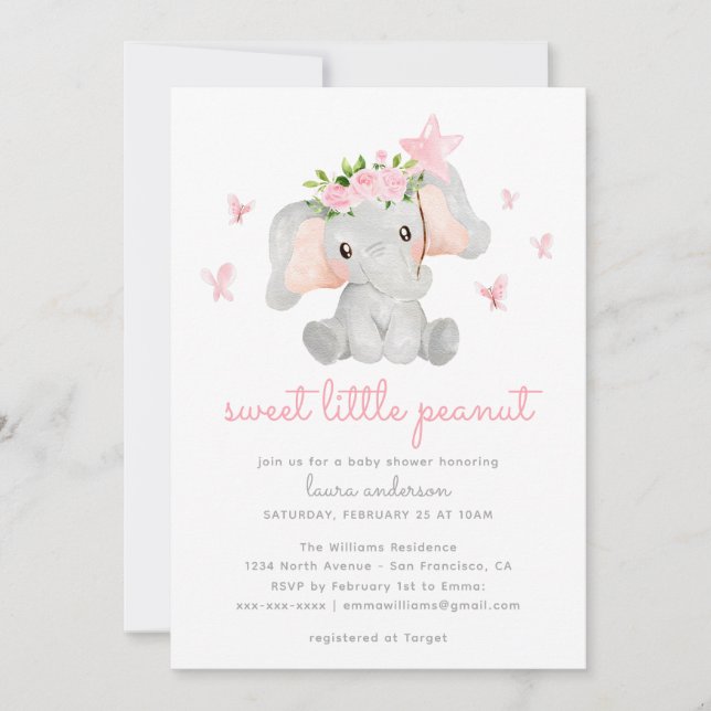 Sweet Little Peanut Pink Elephant Baby Showe Einladung (Vorderseite)