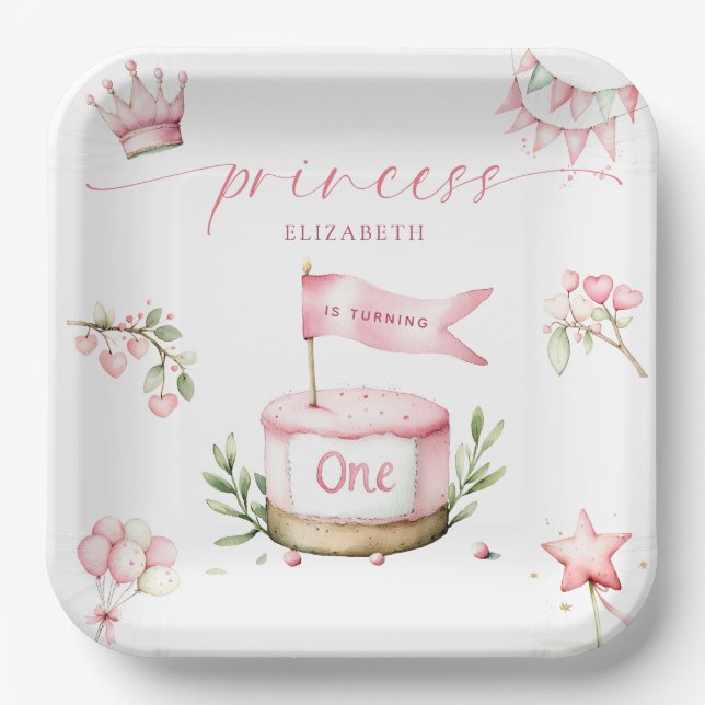 Sweet Little Princess Pink Cake 1st Birthday Pappteller (Vorderseite)