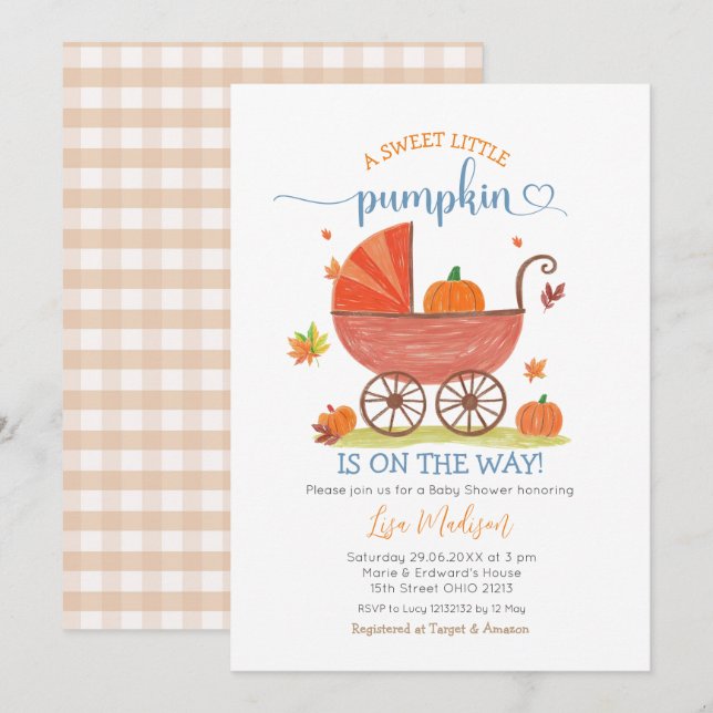 Sweet Little Pumpkin Baby Carriage Baby Dusche Einladung (Vorne/Hinten)