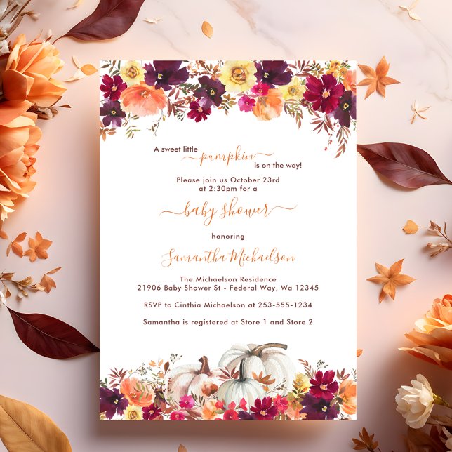 Sweet Little Pumpkin Fall Floral Baby Dusche Einladung (Sweet Little Pumpkin Fall Floral Baby Shower Invitation)