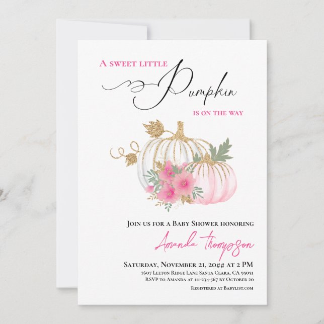 Sweet Little Pumpkin Gold Pink Baby Dusche Einladung (Vorderseite)