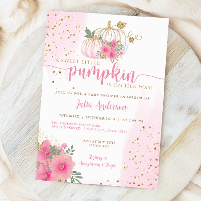 Sweet Little Pumpkin, Pink Gold Fall Baby Dusche Einladung (Von Creator hochgeladen)