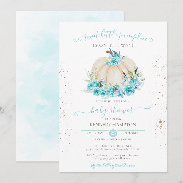 Sweet Little Pumpkin Turquoise Blue Baby Dusche Einladung (Vorne/Hinten)