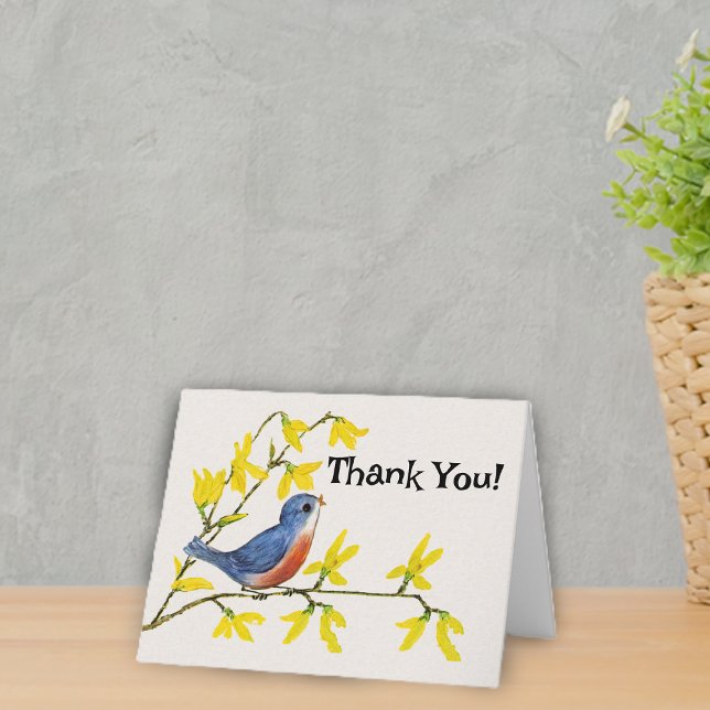 Sweet Little Red Blue Bird auf Branch-Blume Dankeskarte (Sweet red and blue bird on branch with bright yellow flowers on white Thank You card.)