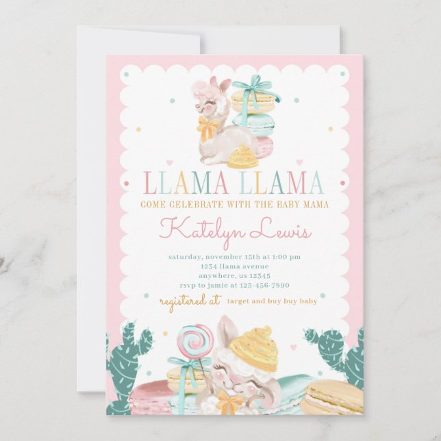 Sweet Llama Pastel Baby Dusche Einladung Kaktus (Vorderseite)