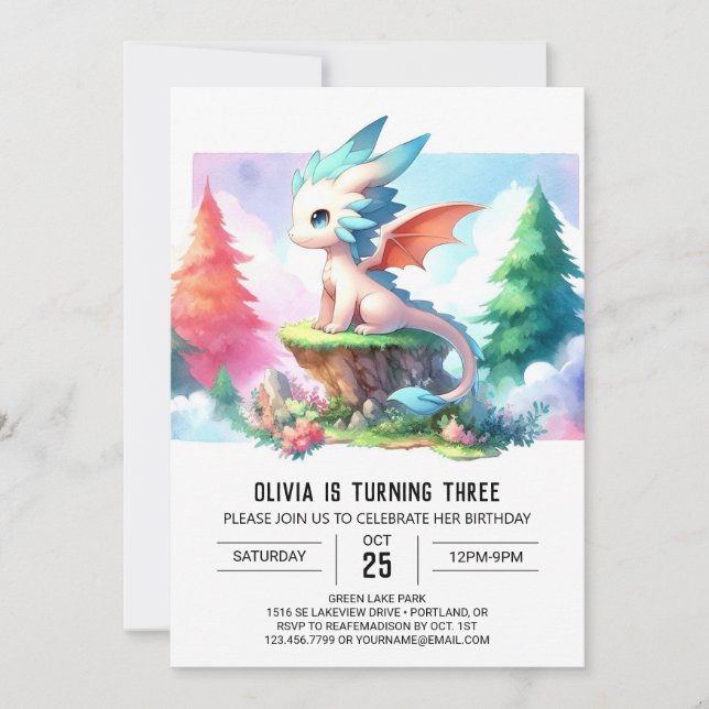 Sweet Magical Dragon Birthday Einladung (Vorderseite)