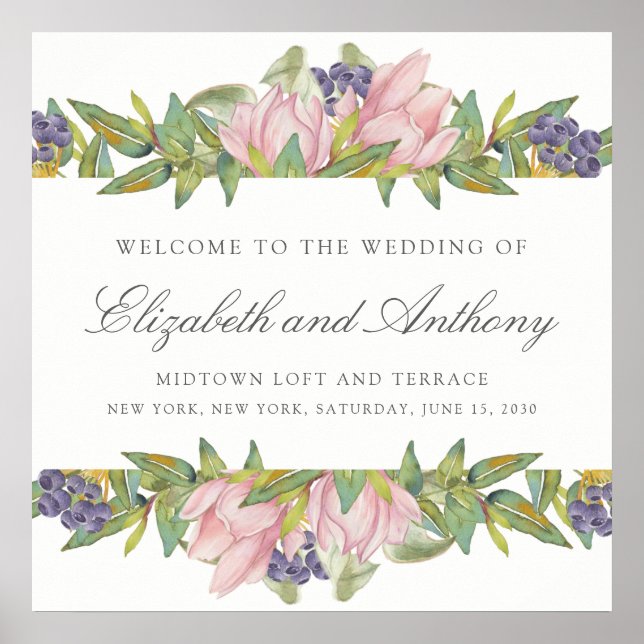 Sweet Magnolia Watercolor Wedding Sign Poster (Vorne)
