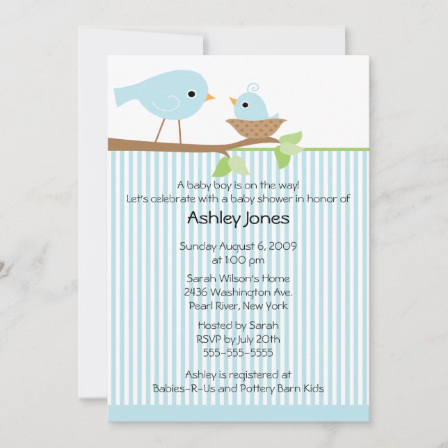 Sweet Mama Bird & Baby Boy Baby Dusche Einladung (Vorderseite)