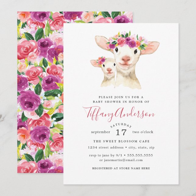 Sweet Mama und Baby Lamb Floral Baby Dusche Einladung (Vorne/Hinten)