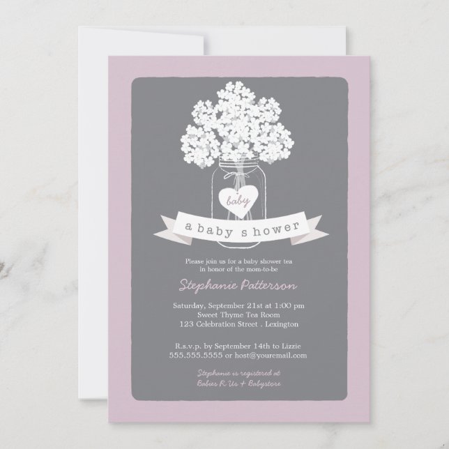 Sweet Mason Jar Lilac Gray Baby Dusche Einladung (Vorderseite)