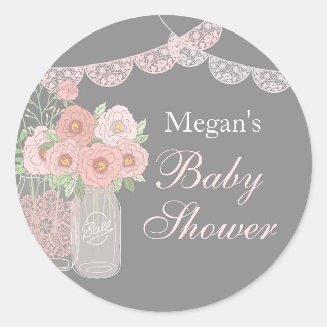 Sweet Mason Jar Pink Gray Baby Shower Stickers (Vorderseite)