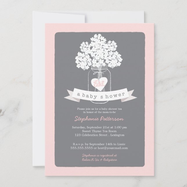 Sweet Mason Jar Rose | Invitation Baby shower gris (Devant)