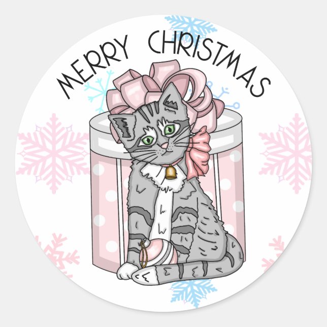 Sweet Merry Christmas Gray Kitten Pink Present Runder Aufkleber (Vorderseite)