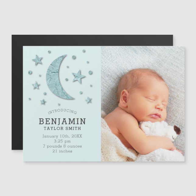 Sweet Mint Moon Stars Foto Geburtserklärung Magneteinladung (Vorne/Hinten)