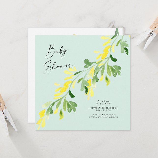 Sweet Mint Yellow Wildblumen Babydusche Square Einladung (Vorderseite/Rückseite Beispiel)