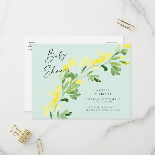 Sweet Mint Yellow Wildblumen Kinderdusche Einladungspostkarte (Vorderseite/Rückseite Beispiel)