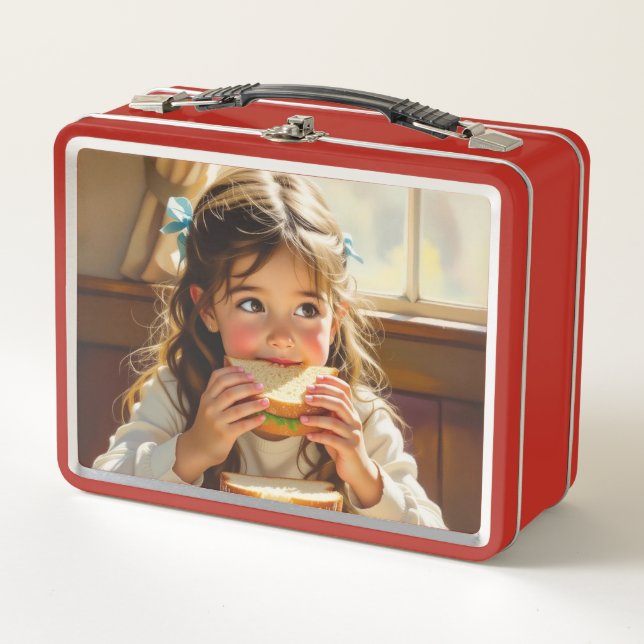Sweet Modest Design Girl Eating a Sandwich Metall Brotdose (Vorderseite)