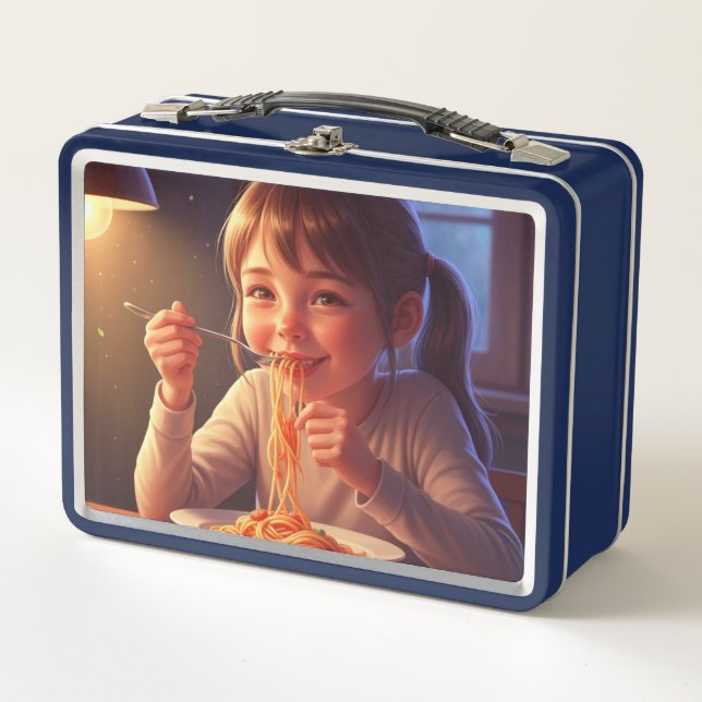 Sweet Modest Design – Jewish Girl Eating Pasta Metall Brotdose (Vorderseite)