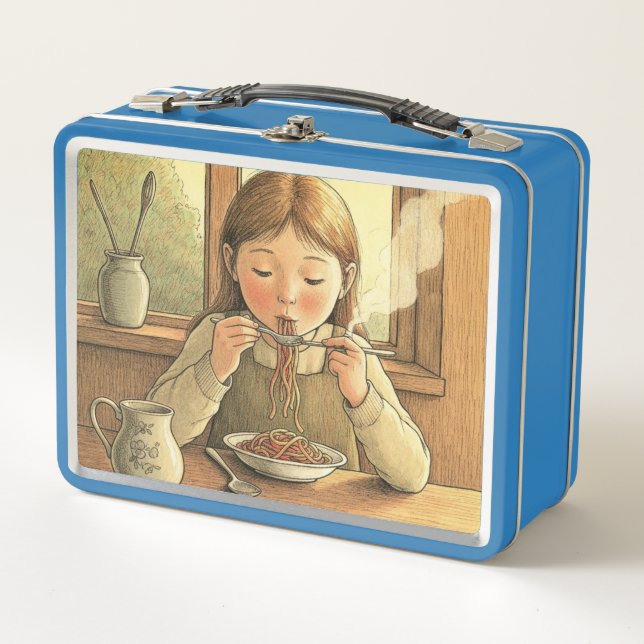 Sweet Modest Design – Jewish Girl Eating Pasta Metall Brotdose (Vorderseite)