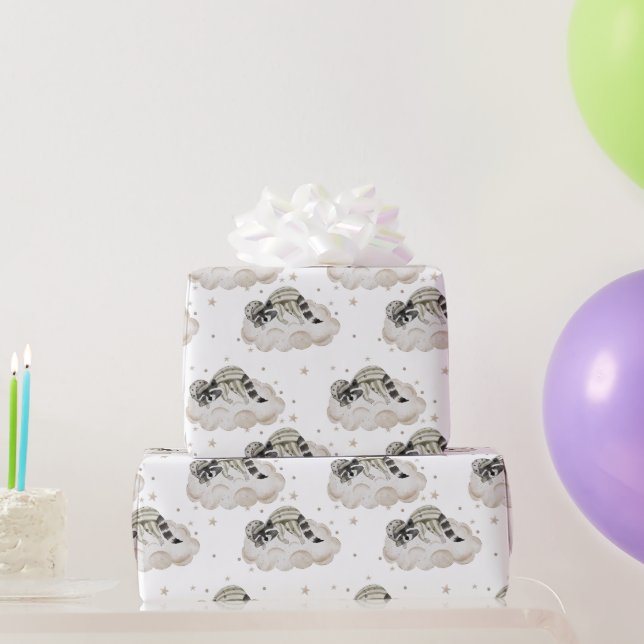 Sweet Moon Dreams Sleepy Raccoon, Wolken, Sterne Geschenkpapier (Partygeschenke)