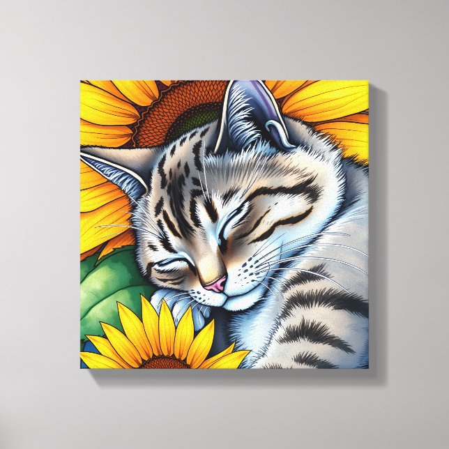 Sweet Napping Gray Cat and Sunflower Leinwanddruck (Vorderseite)