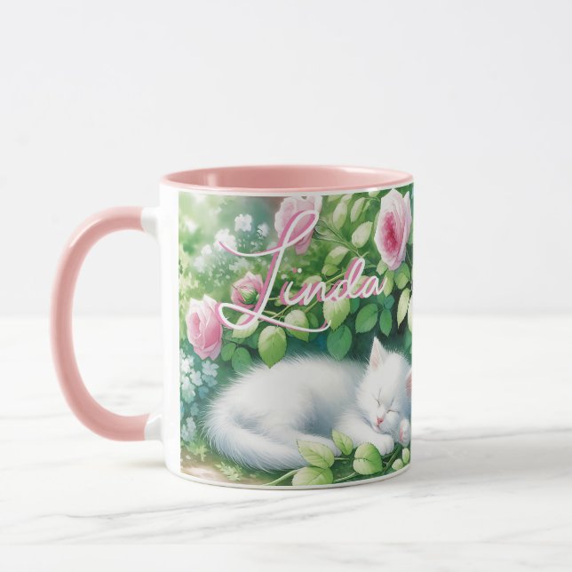 Sweet Napping White Kitten unter der Rose Bush Tasse (Links)