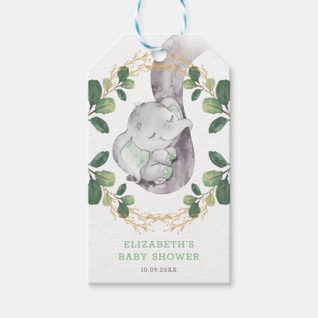 Sweet Neutral Elephant Greenerity Gold Baby Dusche Geschenkanhänger (Vorderseite)