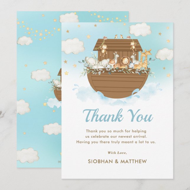 Sweet Noah's Ark Blue Boy Baby Shower Sprinkle Dankeskarte (Vorne/Hinten)